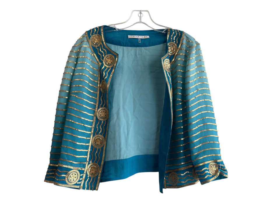 Trina Turk Size 4 Turquoise & Gold Silk Long Sleeve Sequin Detail Sheer Cardigan Turquoise & Gold / 4