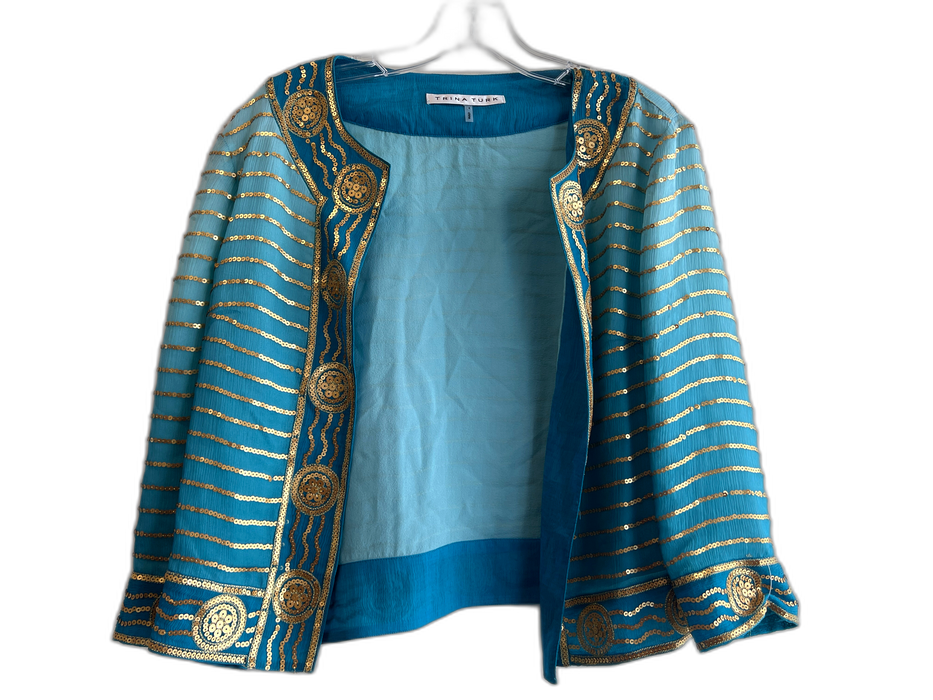 Trina Turk Size 4 Turquoise & Gold Silk Long Sleeve Sequin Detail Sheer Cardigan Turquoise & Gold / 4