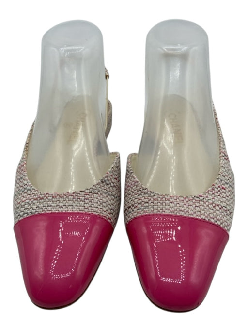 Chanel Shoe Size 37 Pink, White & Multi Tweed Leather Toe Cap Slingback Flats Pink, White & Multi / 37
