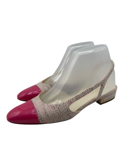 Chanel Shoe Size 37 Pink, White & Multi Tweed Leather Toe Cap Slingback Flats Pink, White & Multi / 37
