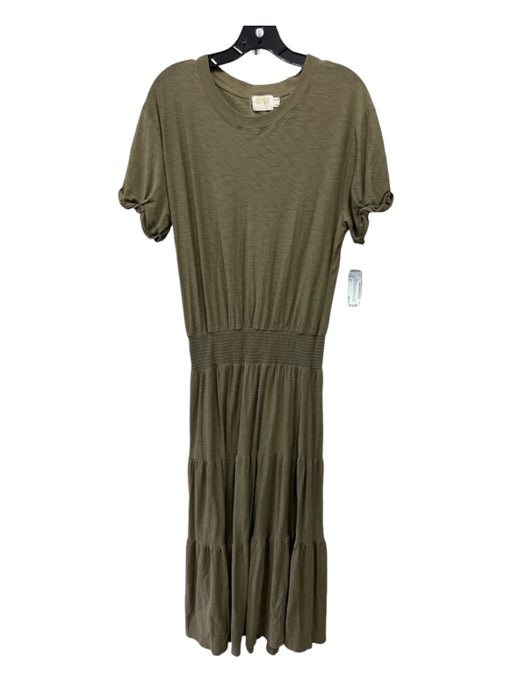 Nation Size M Olive Green Cotton Crew Neck Short Sleeve Smocked Waist Midi Dress Olive Green / M