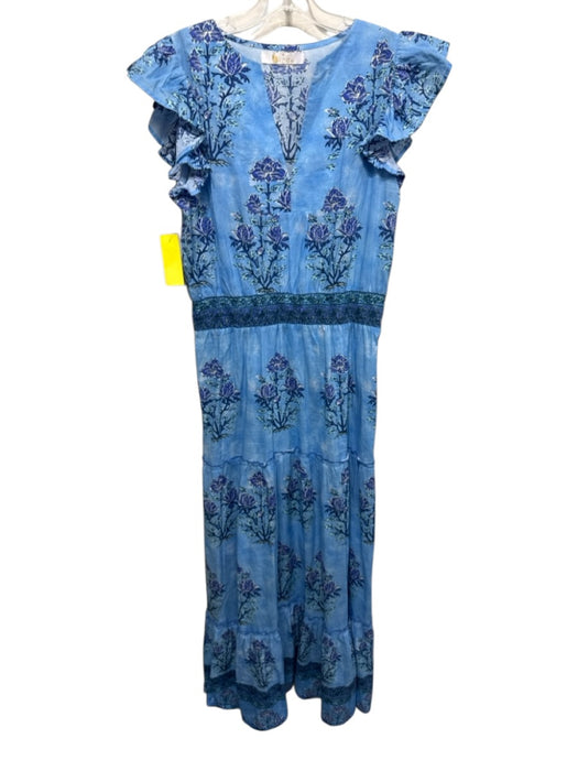 Bindu Size S Blue, Purple, Multi Cotton floral print Cap Sleeve V Neck Dress Blue, Purple, Multi / S
