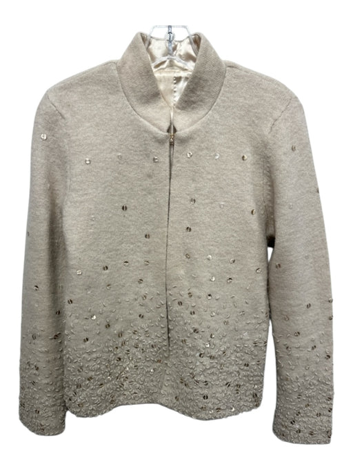 Size M Beige Wool Blend Sequins Stitching Detail Collar Open Front Jacket Beige / M