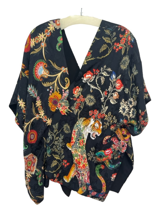 Etro Size Medium Black & Multi Silk Drop Shoulder Tiger & Flowers V Neck Top Black & Multi / Medium