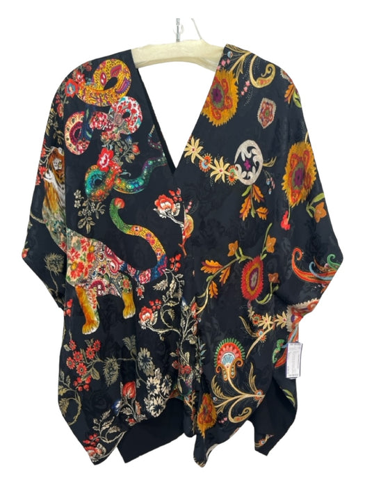 Etro Size Medium Black & Multi Silk Drop Shoulder Tiger & Flowers V Neck Top Black & Multi / Medium