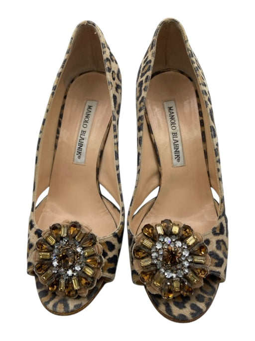 Manolo Blahnik Shoe Size 35 Beige, Tan, Black Suede Animal Print Peep Toe Pumps Beige, Tan, Black / 35
