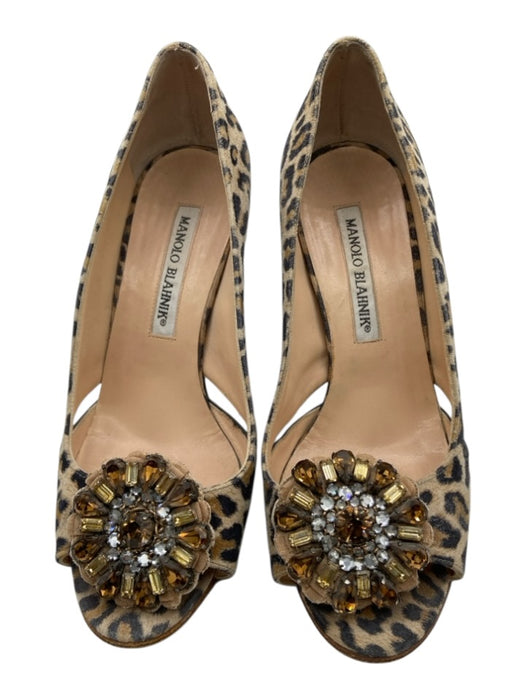 Manolo Blahnik Shoe Size 35 Beige, Tan, Black Suede Animal Print Peep Toe Pumps Beige, Tan, Black / 35