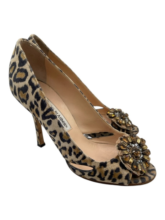 Manolo Blahnik Shoe Size 35 Beige, Tan, Black Suede Animal Print Peep Toe Pumps Beige, Tan, Black / 35