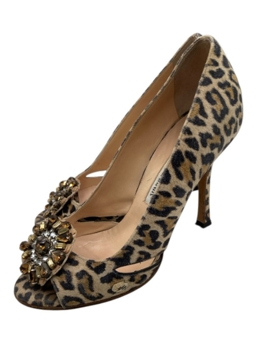 Manolo Blahnik Shoe Size 35 Beige, Tan, Black Suede Animal Print Peep Toe Pumps Beige, Tan, Black / 35