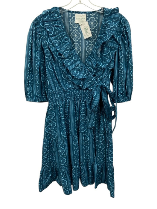 Marigold Size M Teal & Blue Cotton Tiered All Over Print Pockets Dress Teal & Blue / M