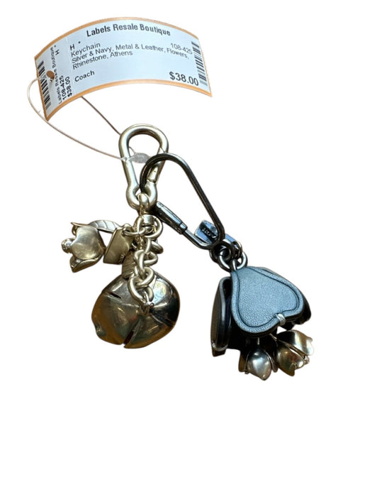Coach Silver & Navy Metal & Leather Flowers Rhinestone Keychain Silver & Navy