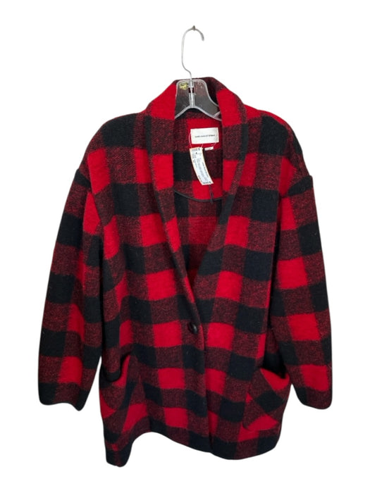 Isabel Marant Size 42 Red & Black Wool Long Sleeve Buffalo Check One Button Coat Red & Black / 42