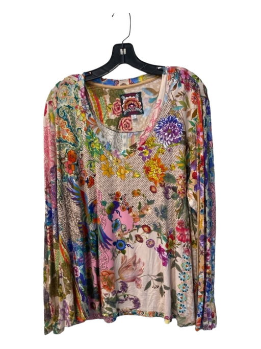 Johnny Was Size XL Cream & Multi Bamboo V Neck Long Sleeve Floral Top Cream & Multi / XL