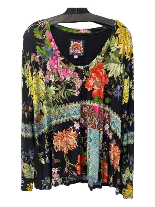 Johnny Was Size XL Black & Multi Bamboo V Neck Long Sleeve Floral Top Black & Multi / XL