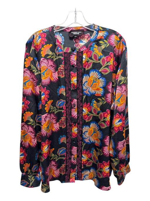 Johnny Was Workshop Size XL Black, Orange & Pink Silk Button Front Floral Top Black, Orange & Pink / XL