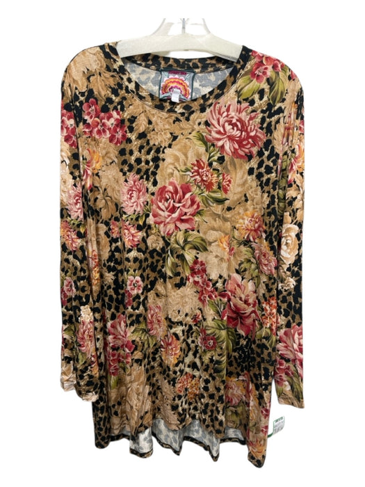 Johnny Was Size XL Tan, Black & Pink Viscose Blend Floral Cheetah Print Knit Top Tan, Black & Pink / XL