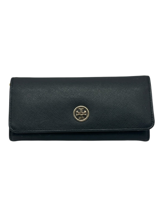 Tory Burch Black Leather Snap Front Gold Tone Hardware Card holder Wallets Black