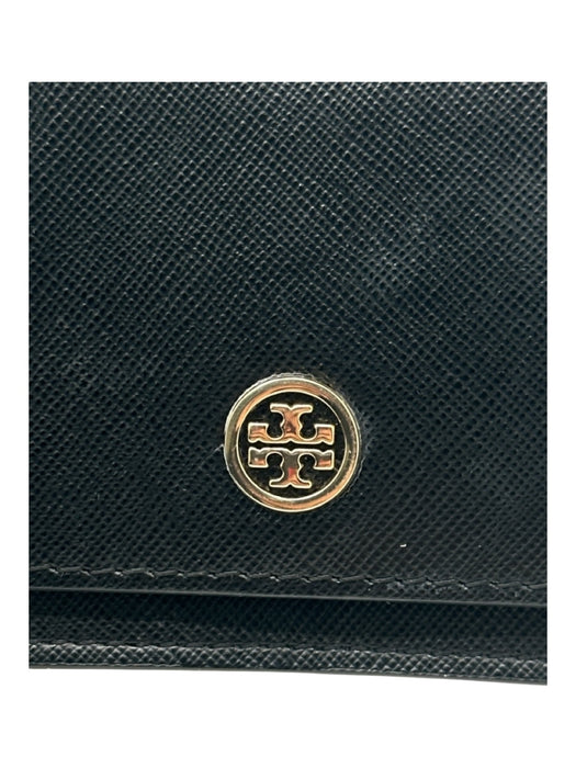 Tory Burch Black Leather Small Accordion Gold Tone Hardware Snap Front Wallets Black