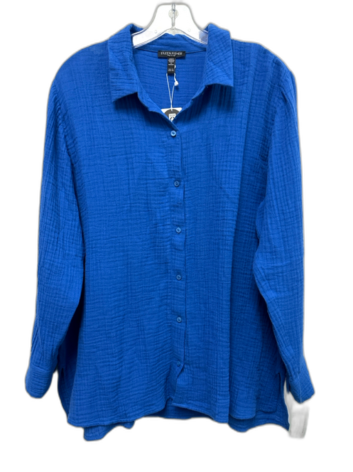 Eileen Fisher Petites Size PL Blue Cotton Gauze Long Sleeve Button Up Shirt Top Blue / PL