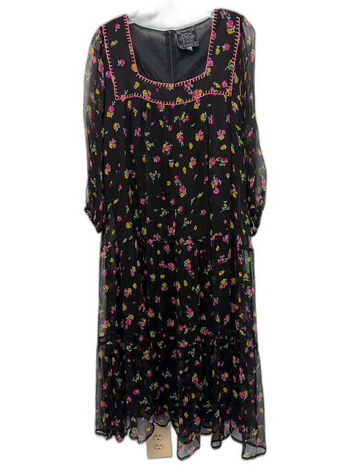 Johnny Was Jade Size L Black, Pink & Yellow Silk Floral 3/4 Balloon Sleeve Dress Black, Pink & Yellow / L