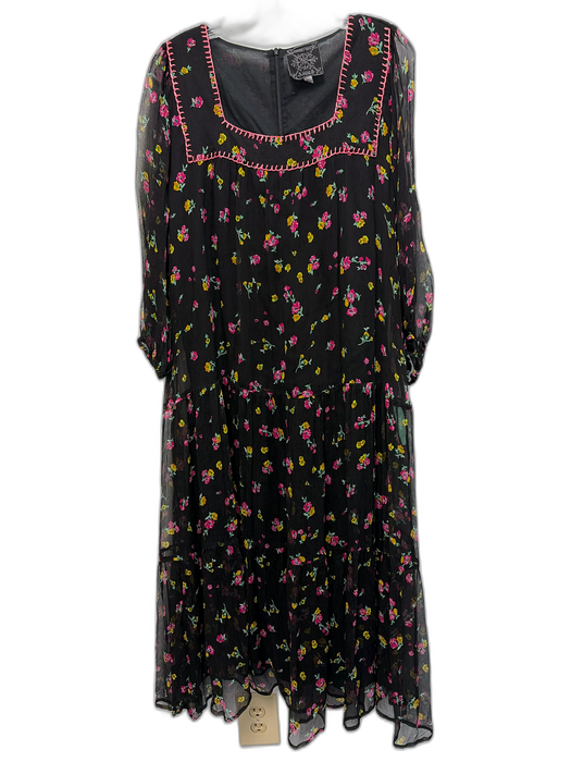 Johnny Was Jade Size L Black, Pink & Yellow Silk Floral 3/4 Balloon Sleeve Dress Black, Pink & Yellow / L