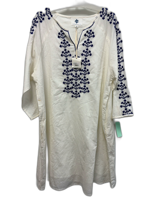 Pomegranate Size XL White & Blue Cotton Botanical Embroidery 3/4 Sleeve Dress White & Blue / XL