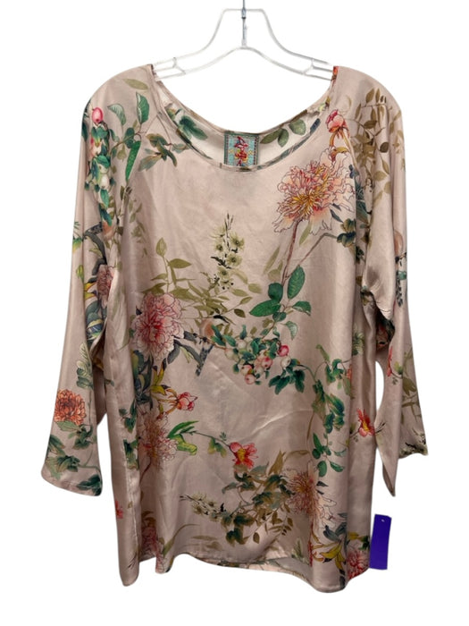 Johnny Was Size XL Light Pink, Green, & Multi Silk Long Sleeve Floral Print Top Light Pink, Green, & Multi / XL