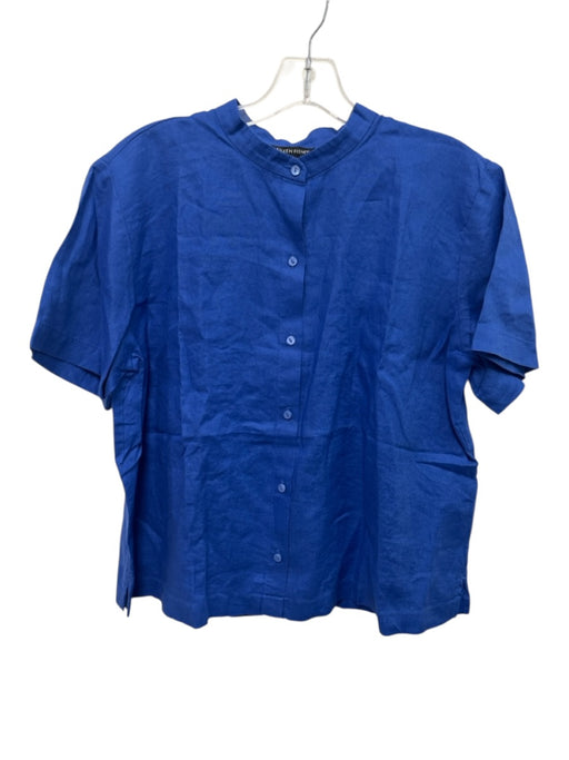 Eileen Fisher Size M Blue Linen Short Sleeve Collar Buttons Top Blue / M