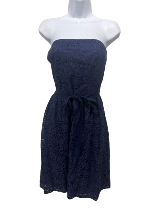 Trina Turk Size 12 Navy Blue Cotton & Linen Lace Overlay Boning Back Zip Dress Navy Blue / 12