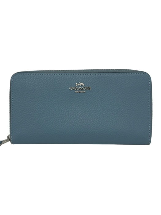 Coach Slate Blue Pebble Leather Silver Hardware Zip Up Continental Wallets Slate Blue