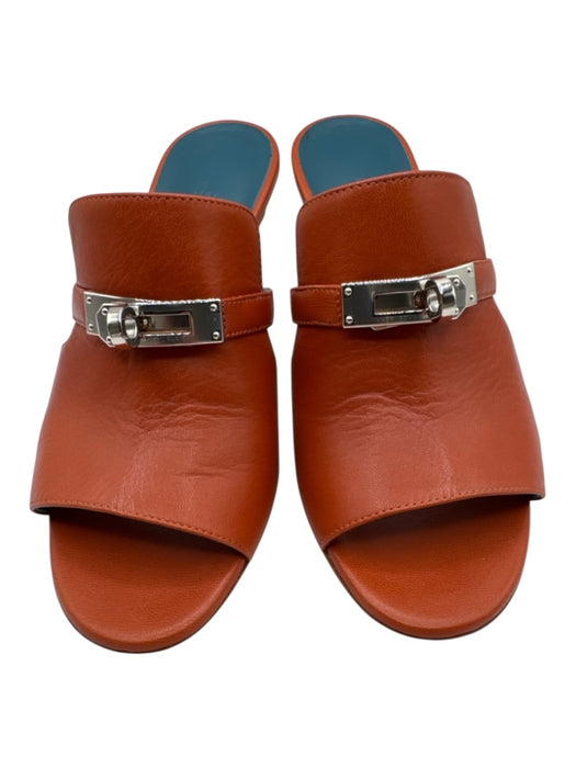 Hermes Shoe Size 38 Orange & Silver Leather Peep Toe Turn Lock Detail Sandals Orange & Silver / 38