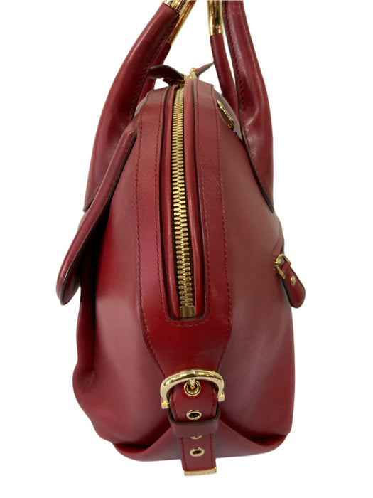 Salvatore Ferragamo Red & Gold Leather 2 Handles Gold Hammered Ring Bowler Bag