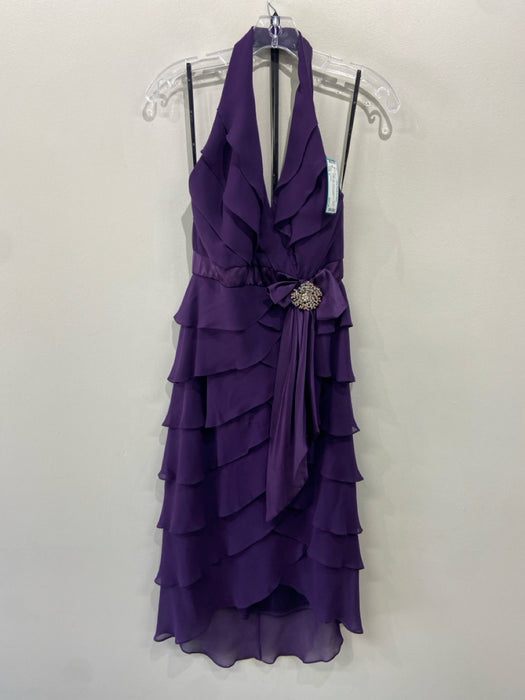 T Tadashi Size 6 Purple Silk Halter Embellished Tiered Ruffle Dress