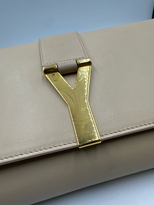 Yves Saint Laurent Beige Leather Magnetic Flap Gold Logo Clutch Bag