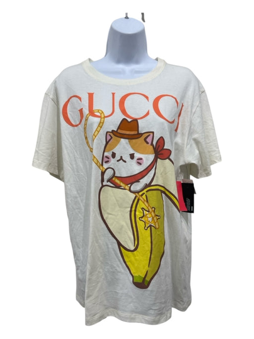 Gucci Size XS Cream, Orange & Yellow Cotton Scoop Neck Short Sleeve Logo Top Cream, Orange & Yellow / XS