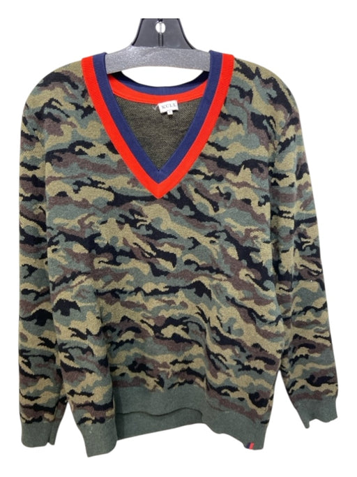 Kule Size S Green, Blue & Orange Print Wool Blend Camo V Neck Sweater Green, Blue & Orange Print / S