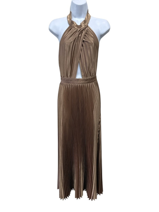 L'idee Size 6 Gold Polyester Sleeveless Tie Neck pleats Open Back Dress Gold / 6