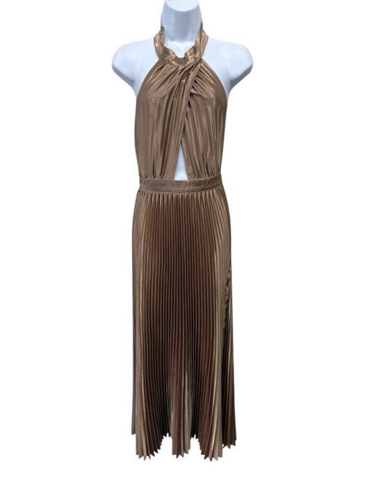 L'idee Size 6 Gold Polyester Sleeveless Tie Neck pleats Open Back Dress Gold / 6