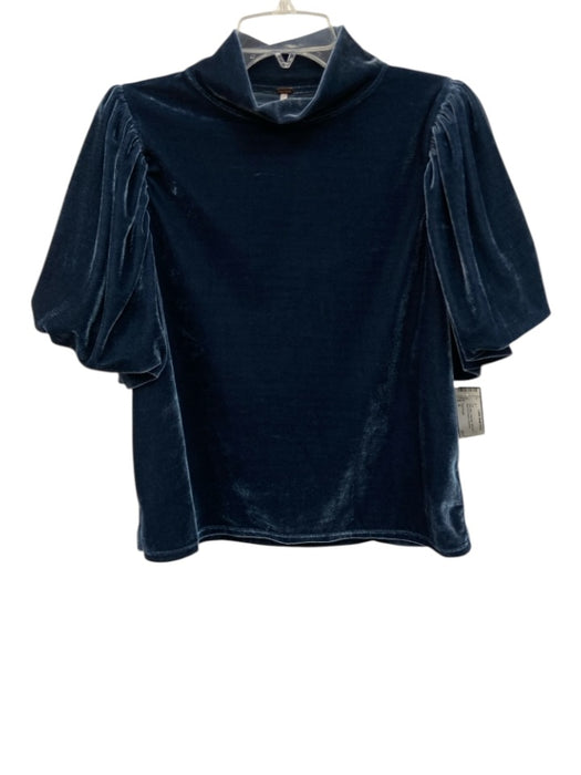 Free People Size S Dark Blue Polyester Velvet Mock Neck Short Puff Sleeve Top Dark Blue / S