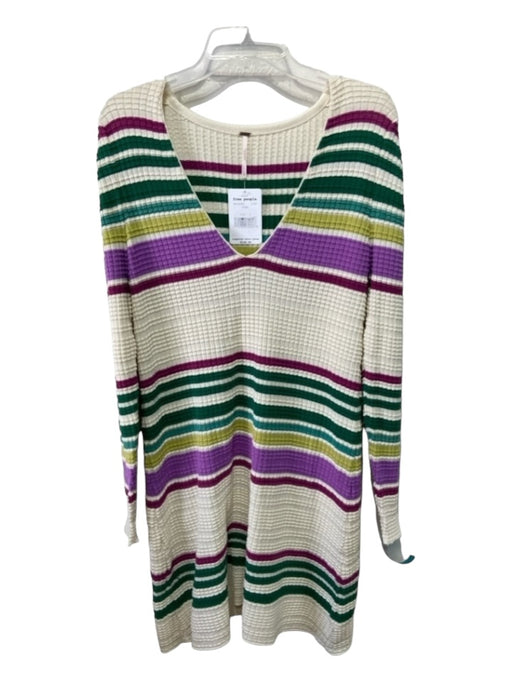 Free People Size L Beige Purple Green Cotton Striped Waffle Long Sleeve Dress Beige Purple Green / L