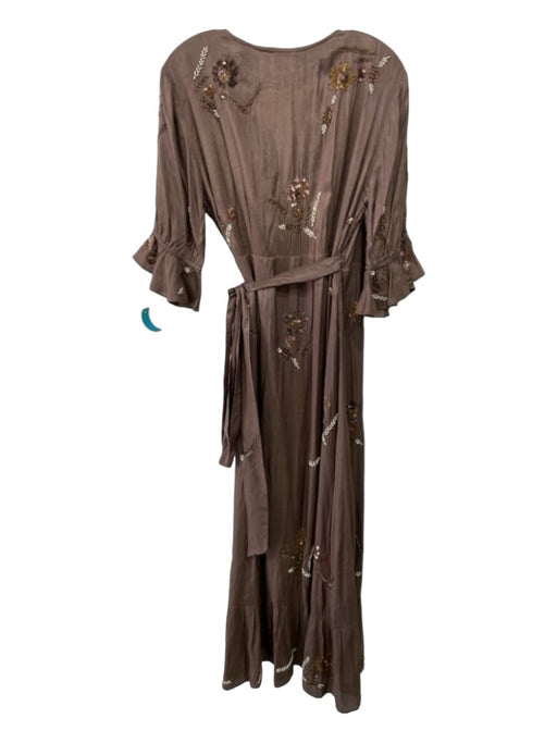 Let Me Be Size L Brown Viscose Floral Beading V Neck Wrap 1/2 Puff Sleeve Dress Brown / L