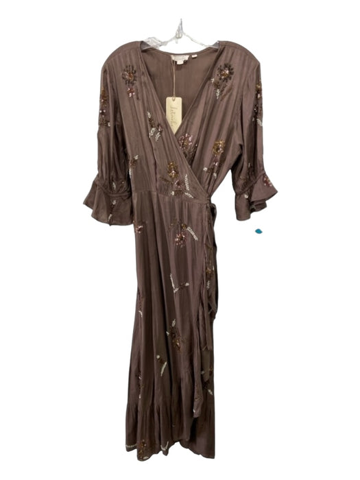 Let Me Be Size L Brown Viscose Floral Beading V Neck Wrap 1/2 Puff Sleeve Dress Brown / L