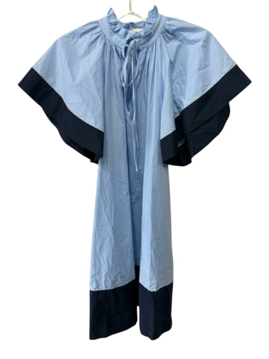 Pearl by Lela Rose Size XS Blue & Navy Cotton Short Sleeve V Neck Tie Neck Dress Blue & Navy / XS