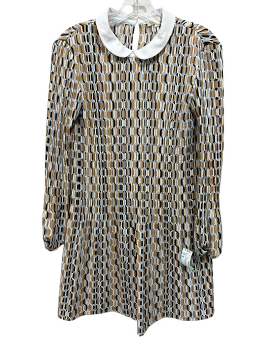 Maje Size 38 Brown, Blue, Multi Polyester Geometric Print Accordion Collar Dress Brown, Blue, Multi / 38