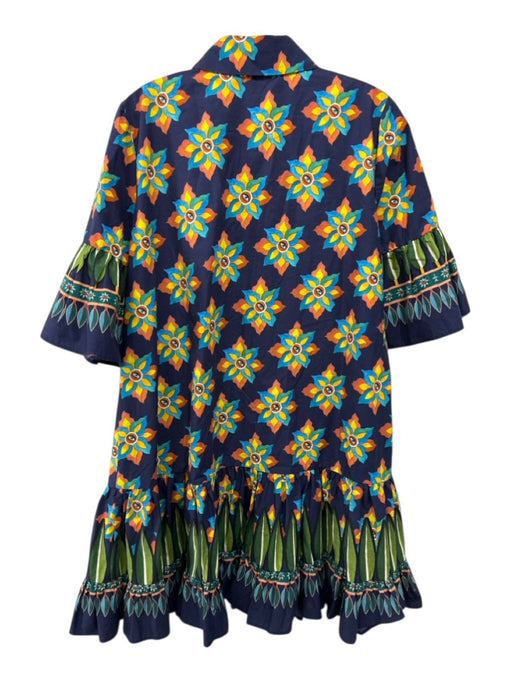 La Double J Size S Blue, Orange, Yellow Cotton Abstract Floral Button Up Dress Blue, Orange, Yellow / S