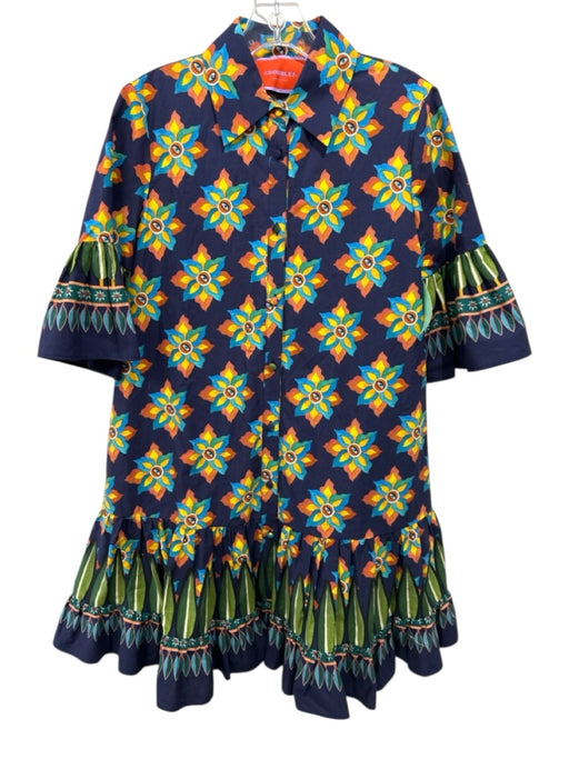 La Double J Size S Blue, Orange, Yellow Cotton Abstract Floral Button Up Dress Blue, Orange, Yellow / S