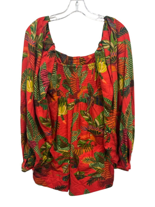 Farm Rio Size S Red & Multi Linen Blend Botanical Print Button Front Romper Red & Multi / S
