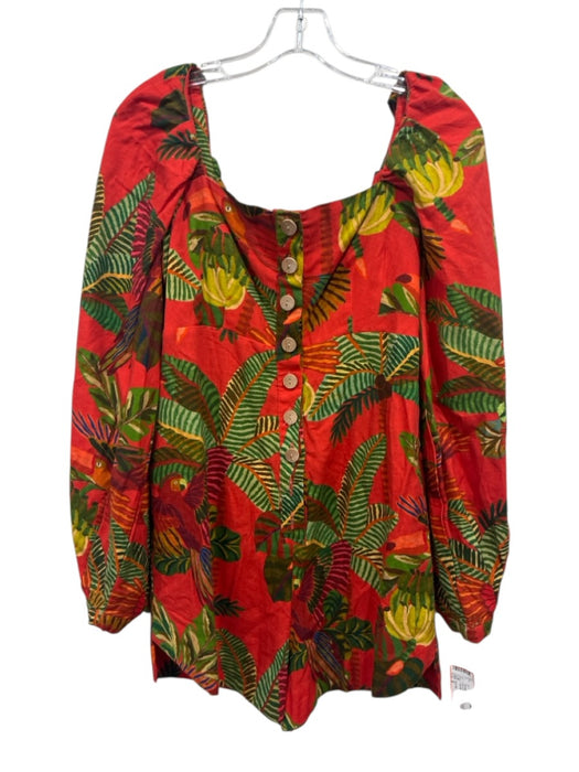 Farm Rio Size S Red & Multi Linen Blend Botanical Print Button Front Romper Red & Multi / S