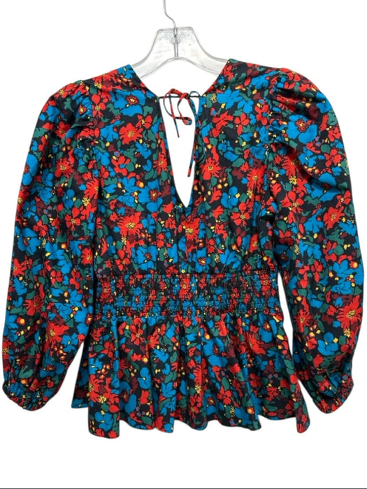 Derek Lam 10 Crosby Size 2 Blue, Red, Black Cotton Floral Balloon Sleeve Top Blue, Red, Black / 2