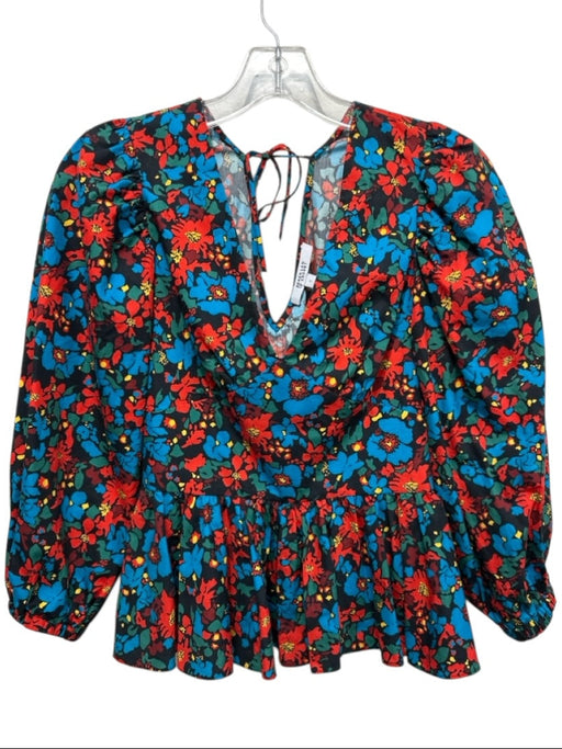 Derek Lam 10 Crosby Size 2 Blue, Red, Black Cotton Floral Balloon Sleeve Top Blue, Red, Black / 2